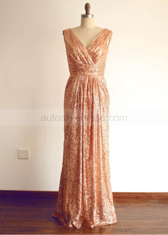 Rose Gold Ruched Sequin V Back Bridesmaid Dress